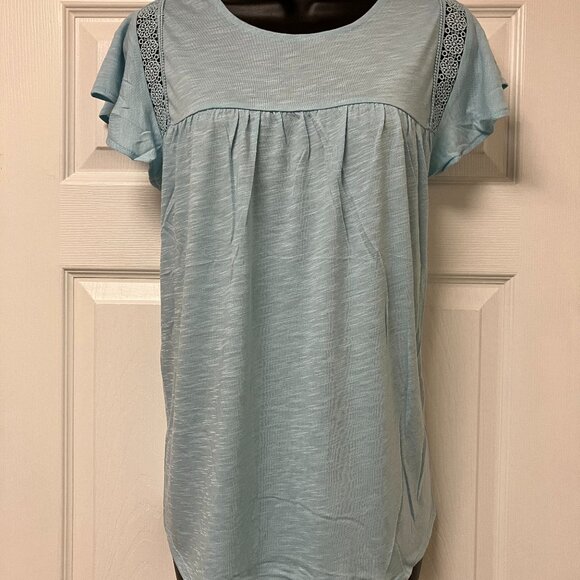 Bohemian Top Women's Boho Shirt Crochet Eyelet Flutter Short Sleeve Soft LARGE - Picture 6 of 7